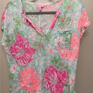 Lilly Pulitzer Pink and Green Floral V-Neck Tee